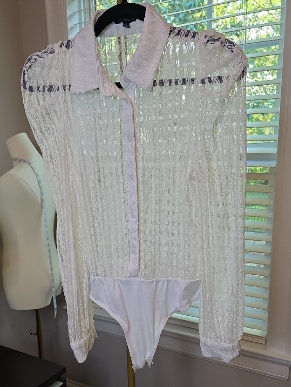 Sheer Lace Button-Front Bodysuit in White